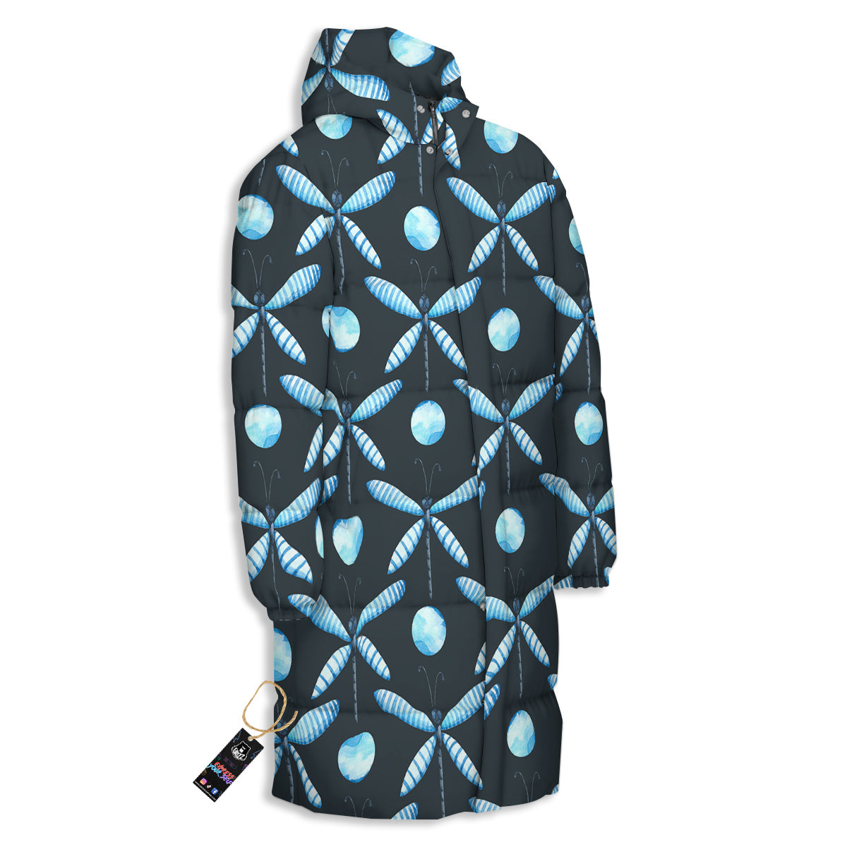 Dragonfly Turquoise Print Pattern Long Down Jacket-grizzshop