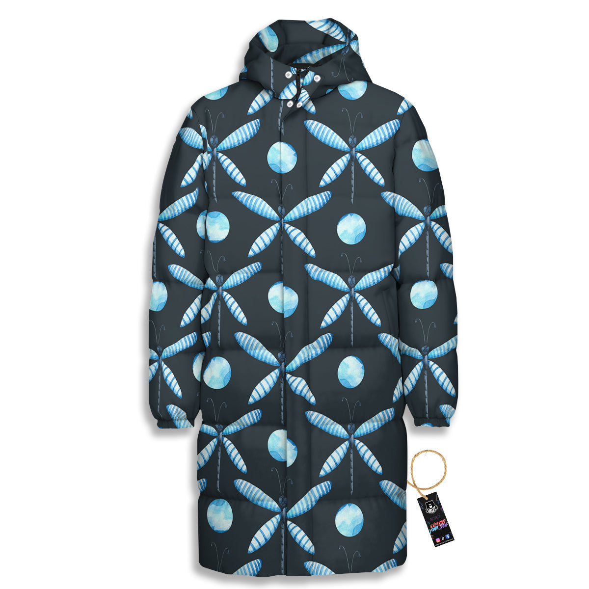 Dragonfly Turquoise Print Pattern Long Down Jacket-grizzshop