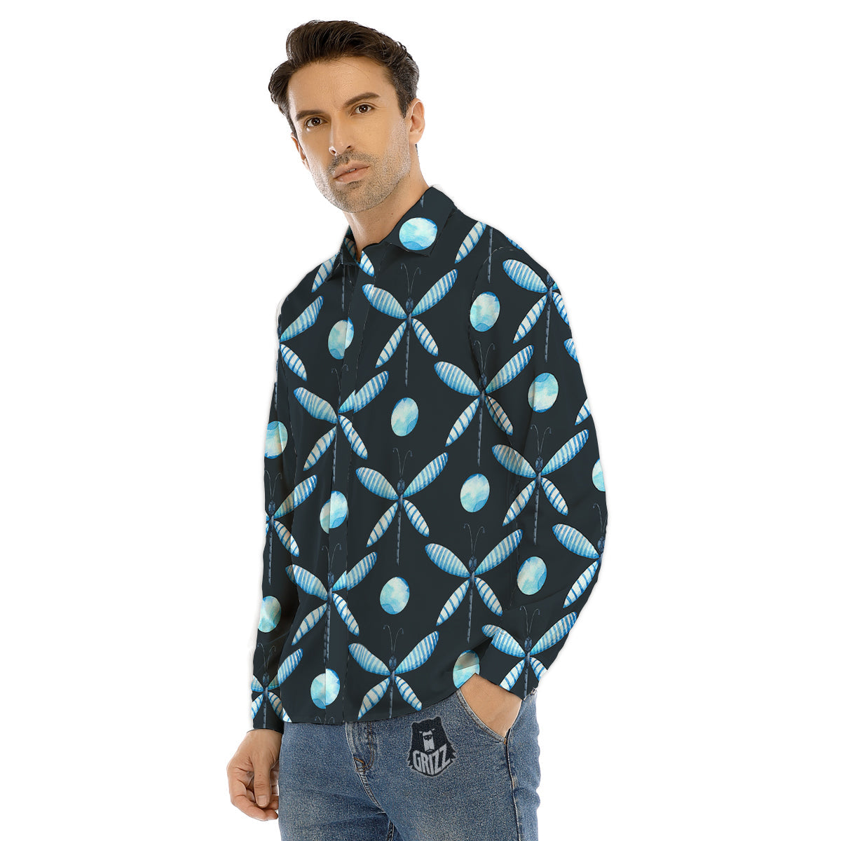 Dragonfly Turquoise Print Pattern Men's Dress Shirts-grizzshop