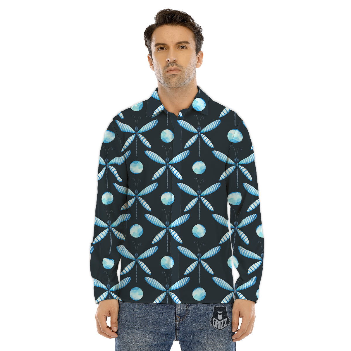 Dragonfly Turquoise Print Pattern Men's Dress Shirts-grizzshop