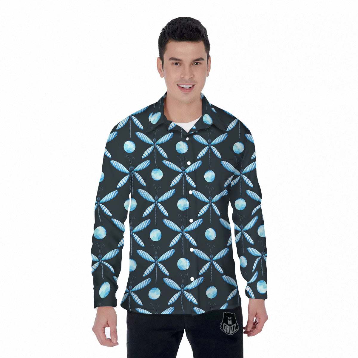 Dragonfly Turquoise Print Pattern Men's Long Sleeve Shirts-grizzshop