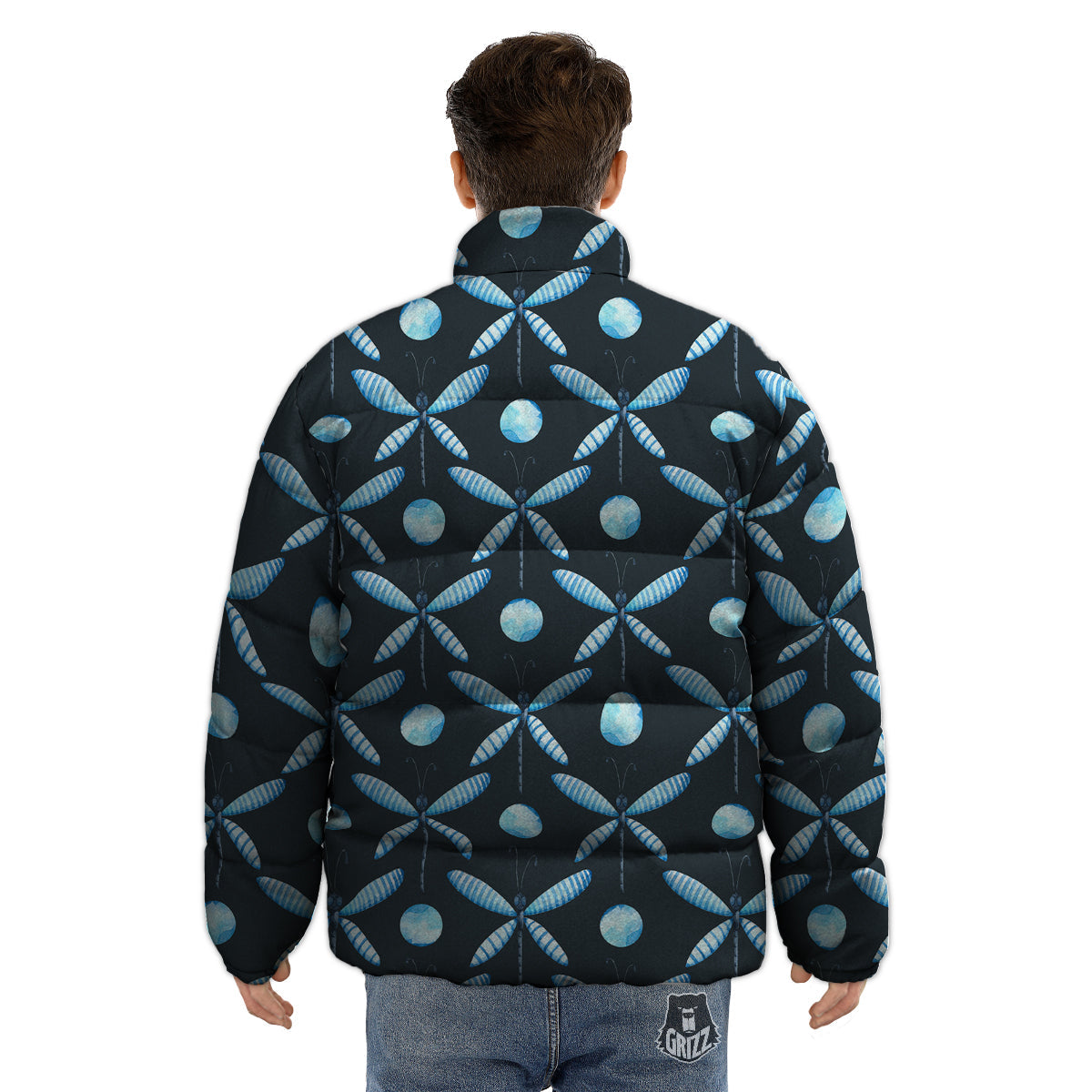 Dragonfly Turquoise Print Pattern Puffer Jacket-grizzshop