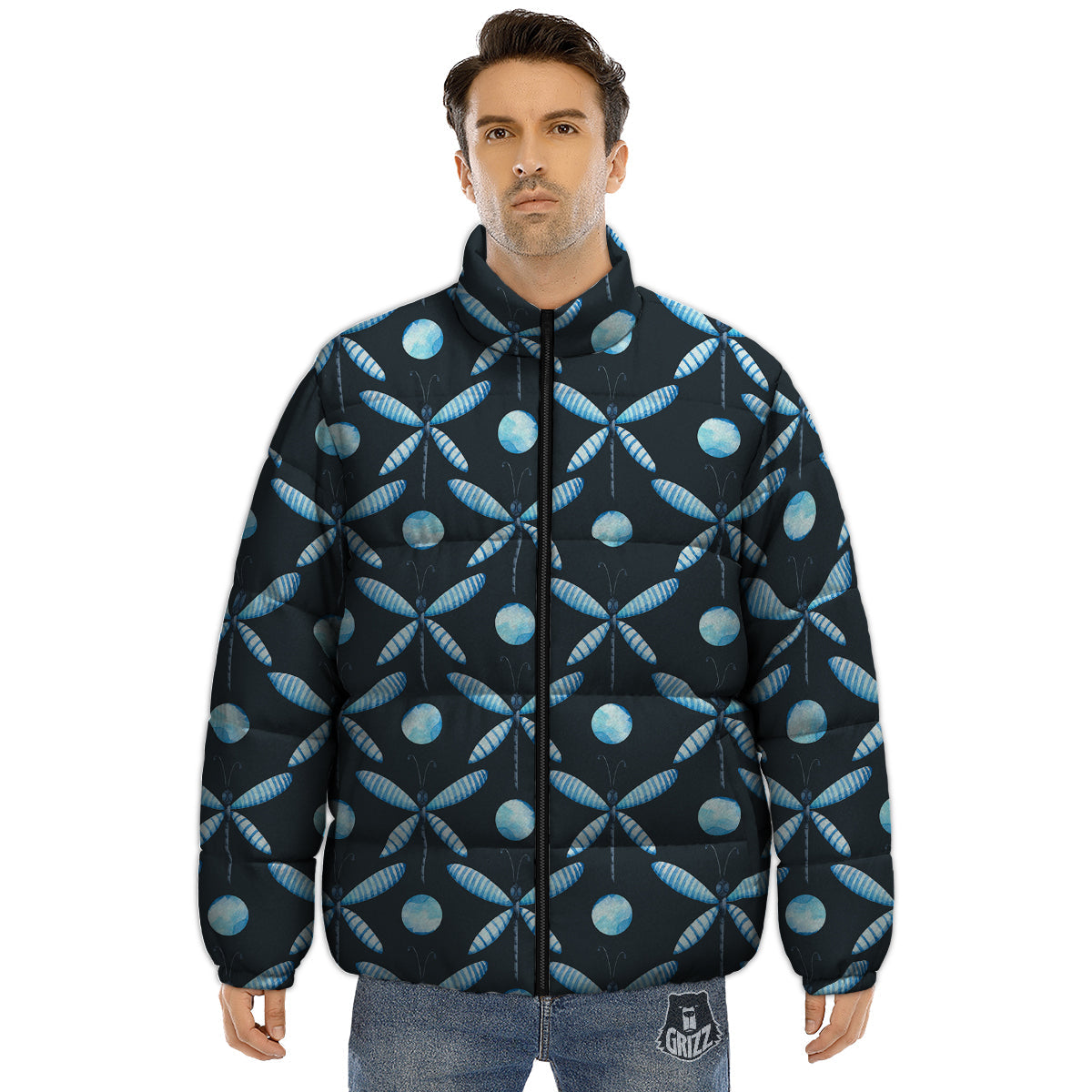Dragonfly Turquoise Print Pattern Puffer Jacket-grizzshop