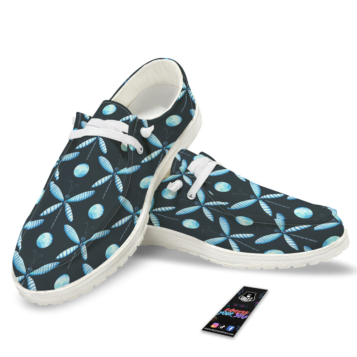 Dragonfly Turquoise Print Pattern White Loafers-grizzshop