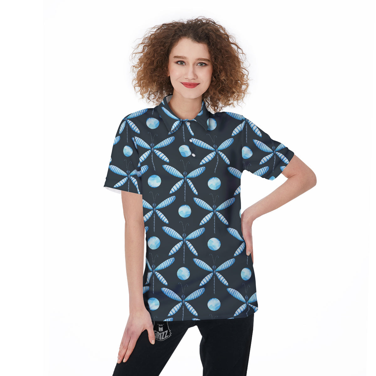 Dragonfly Turquoise Print Pattern Women's Golf Shirts-grizzshop