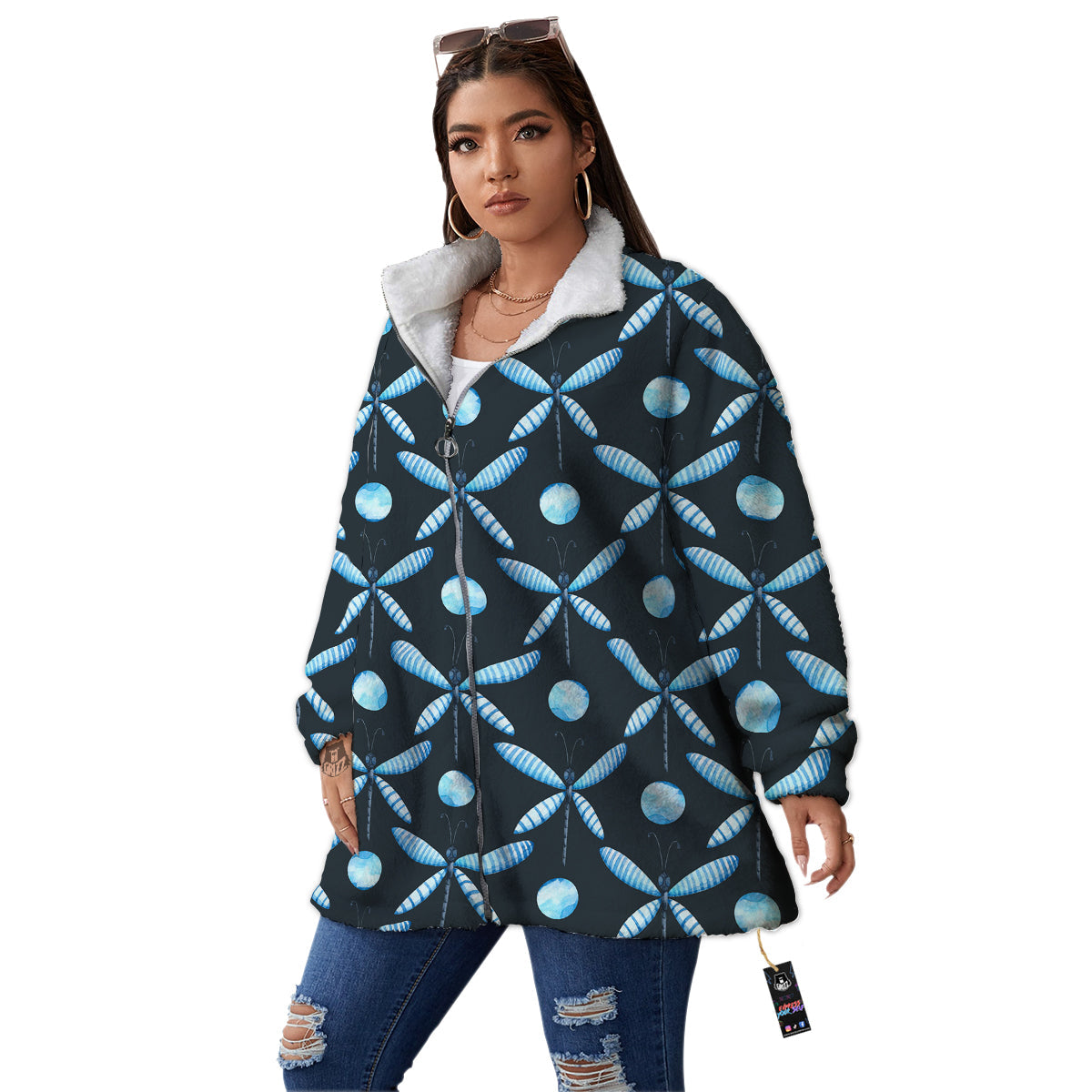 Dragonfly Turquoise Print Pattern Women's Sherpa Jacket-grizzshop