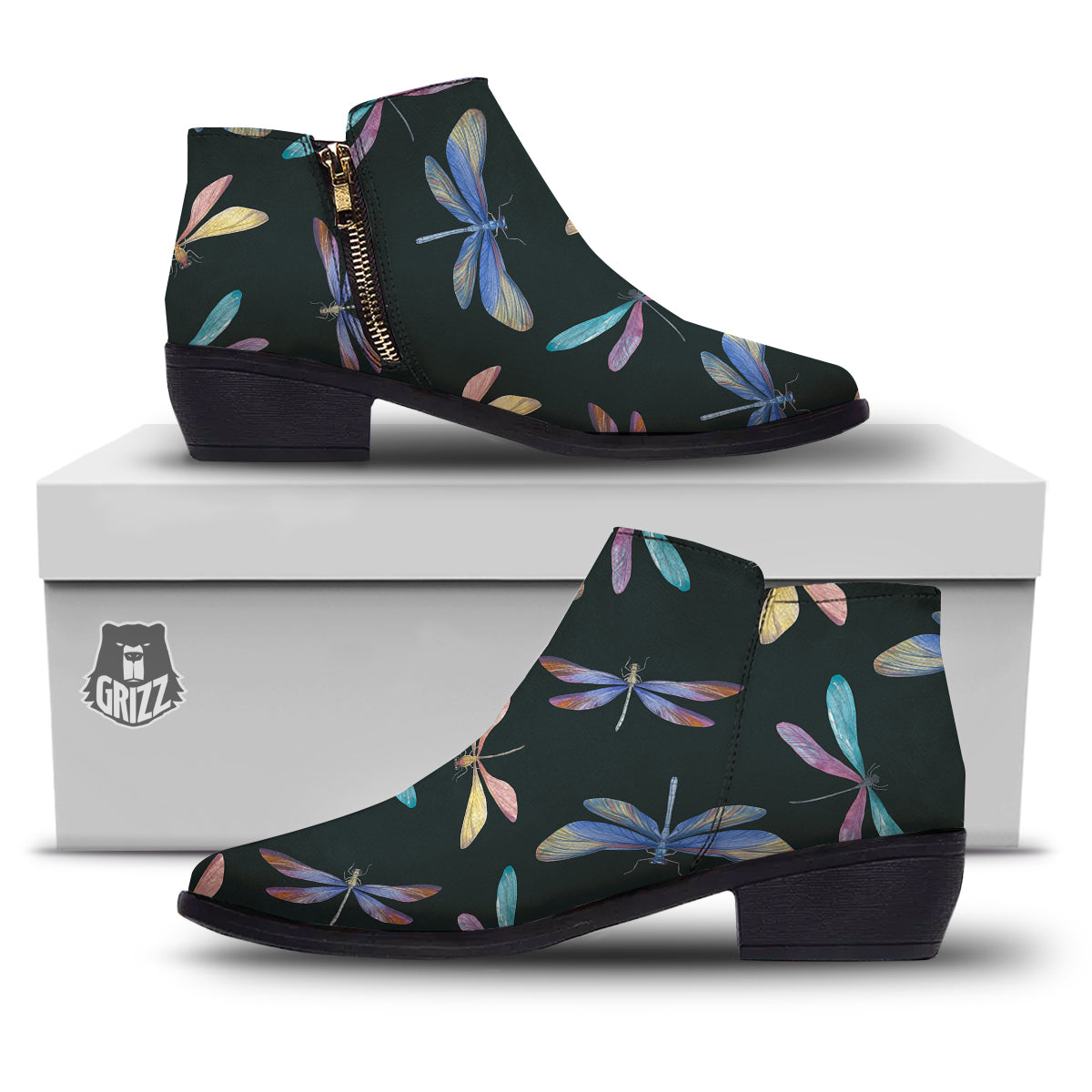 Dragonfly Vintage Print Pattern Ankle Boots-grizzshop