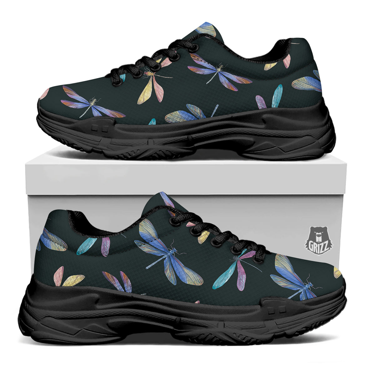 Dragonfly Vintage Print Pattern Black Chunky Shoes-grizzshop