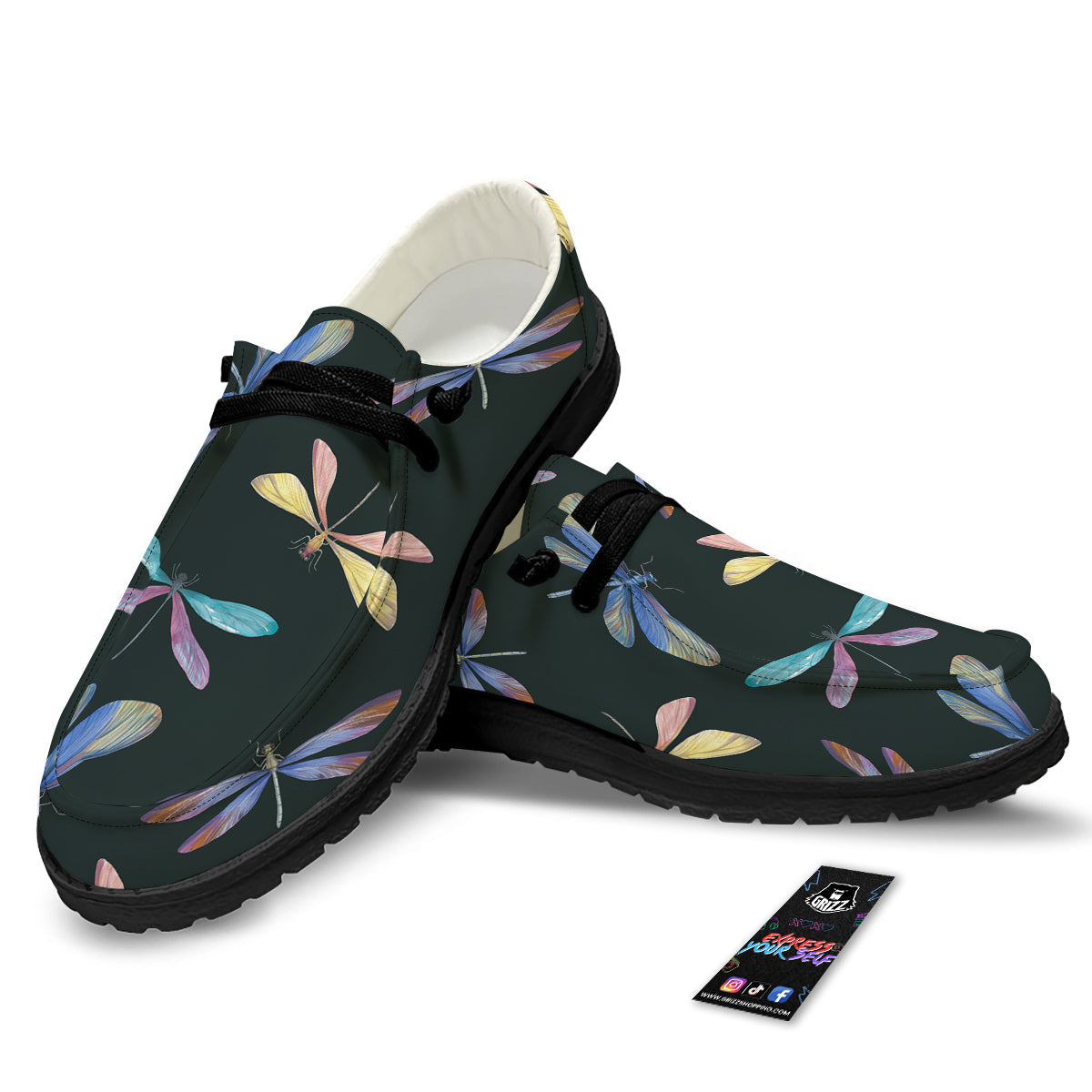 Dragonfly Vintage Print Pattern Black Loafers-grizzshop