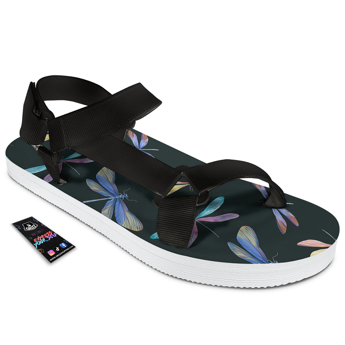 Dragonfly Vintage Print Pattern Black Open Toe Sandals-grizzshop