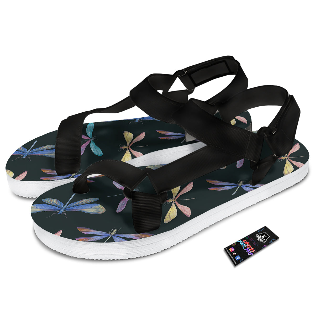Dragonfly Vintage Print Pattern Black Open Toe Sandals-grizzshop