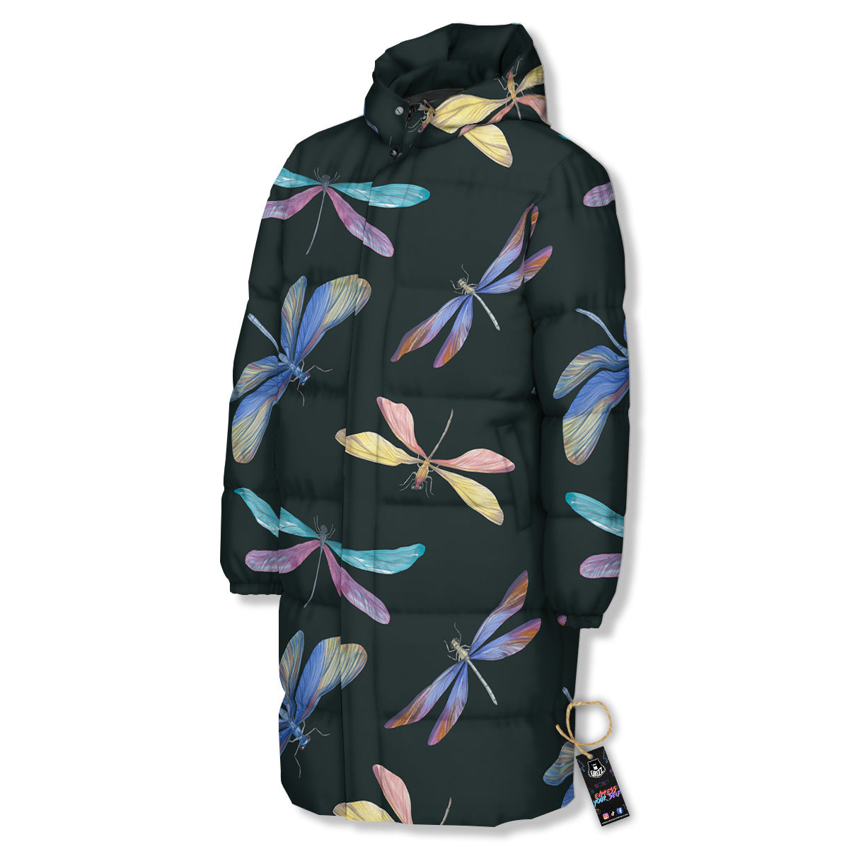 Dragonfly Vintage Print Pattern Long Down Jacket-grizzshop