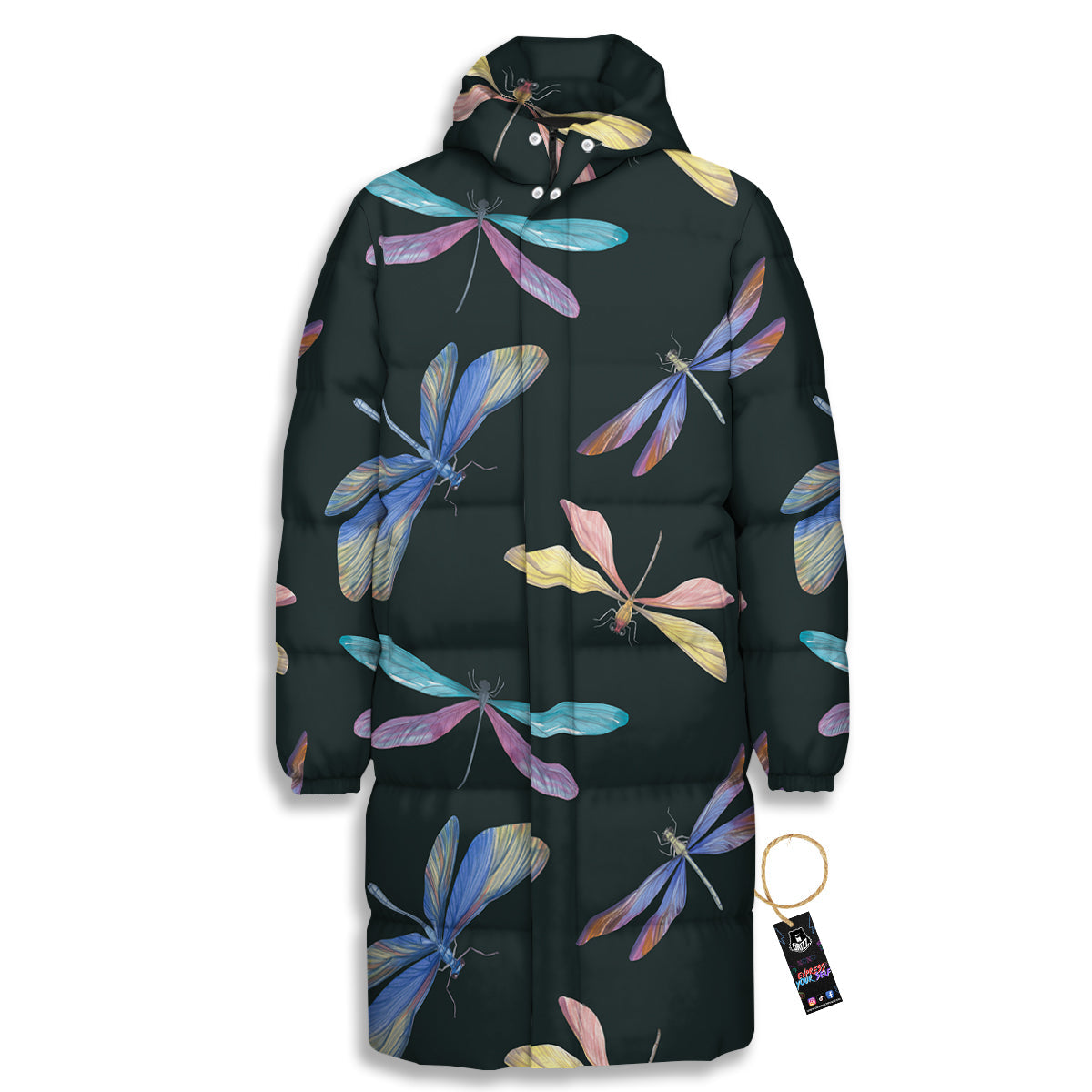 Dragonfly Vintage Print Pattern Long Down Jacket-grizzshop
