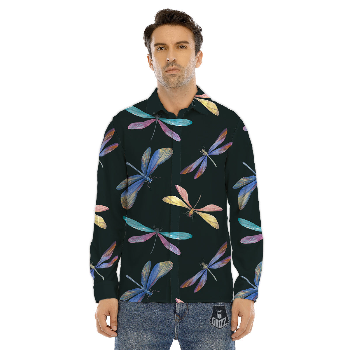Dragonfly Vintage Print Pattern Men's Dress Shirts-grizzshop