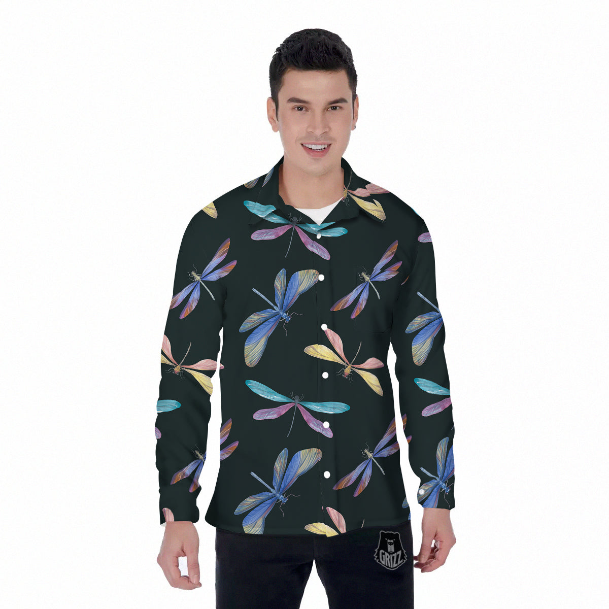 Dragonfly Vintage Print Pattern Men's Long Sleeve Shirts-grizzshop
