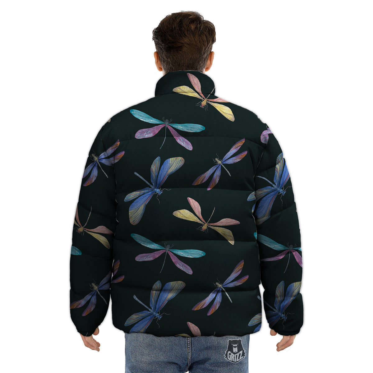 Dragonfly Vintage Print Pattern Puffer Jacket-grizzshop