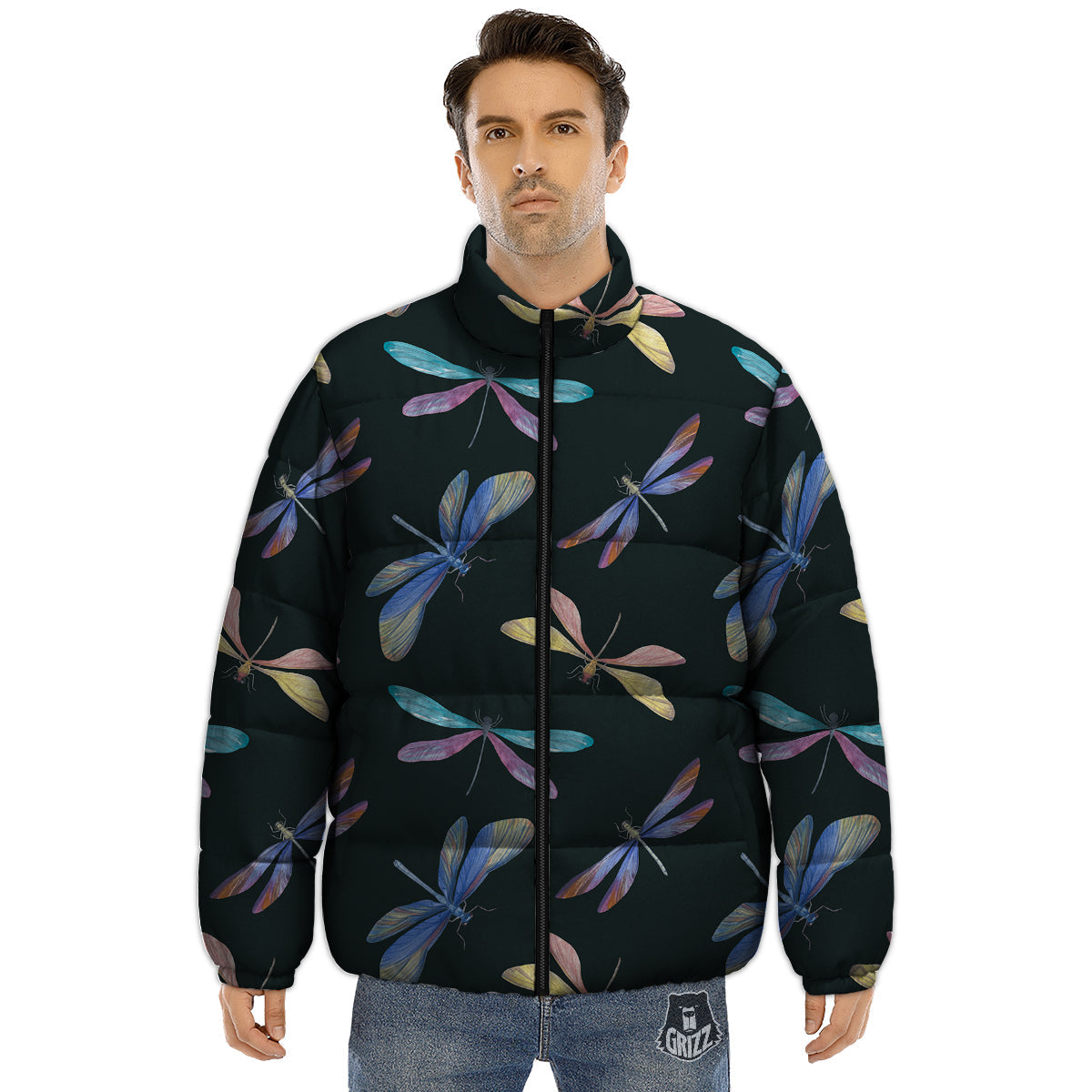 Dragonfly Vintage Print Pattern Puffer Jacket-grizzshop