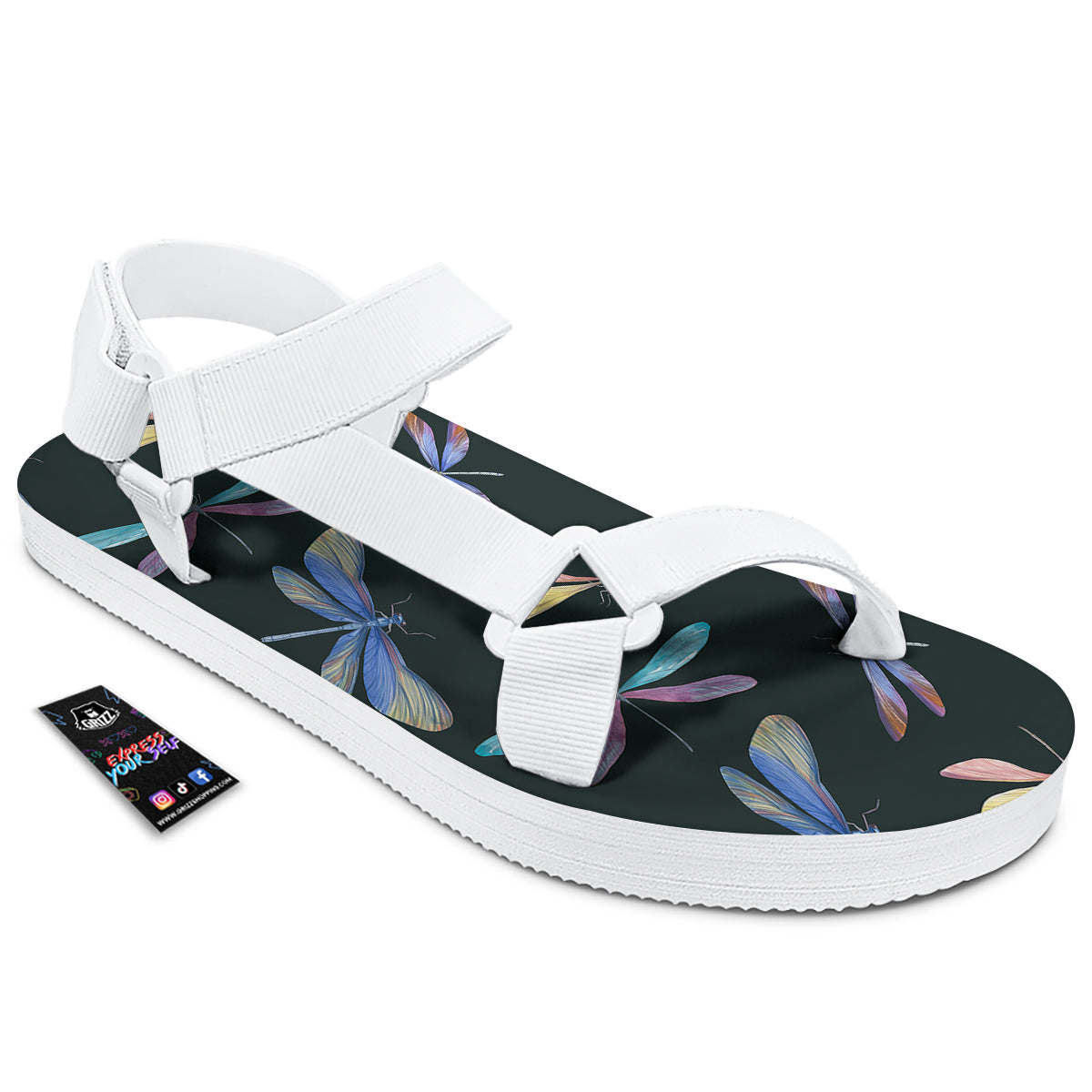 Dragonfly Vintage Print Pattern White Open Toe Sandals-grizzshop