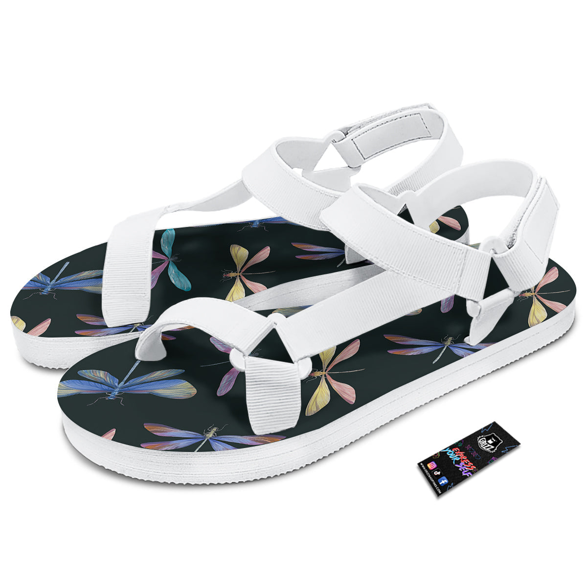 Dragonfly Vintage Print Pattern White Open Toe Sandals-grizzshop