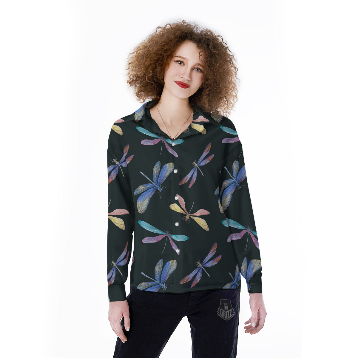 Dragonfly Vintage Print Pattern Women's Long Sleeve Shirts-grizzshop