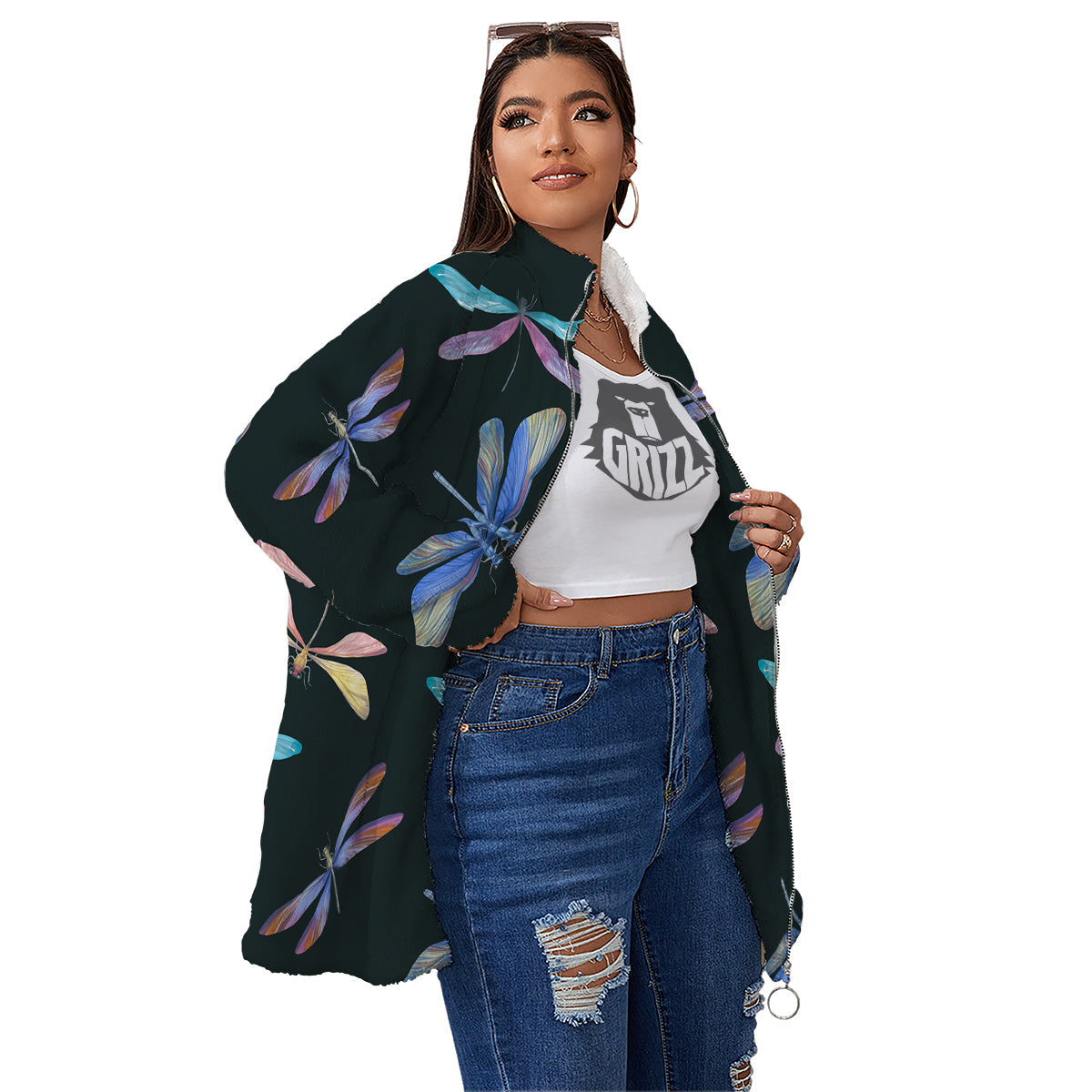 Dragonfly Vintage Print Pattern Women's Sherpa Jacket-grizzshop