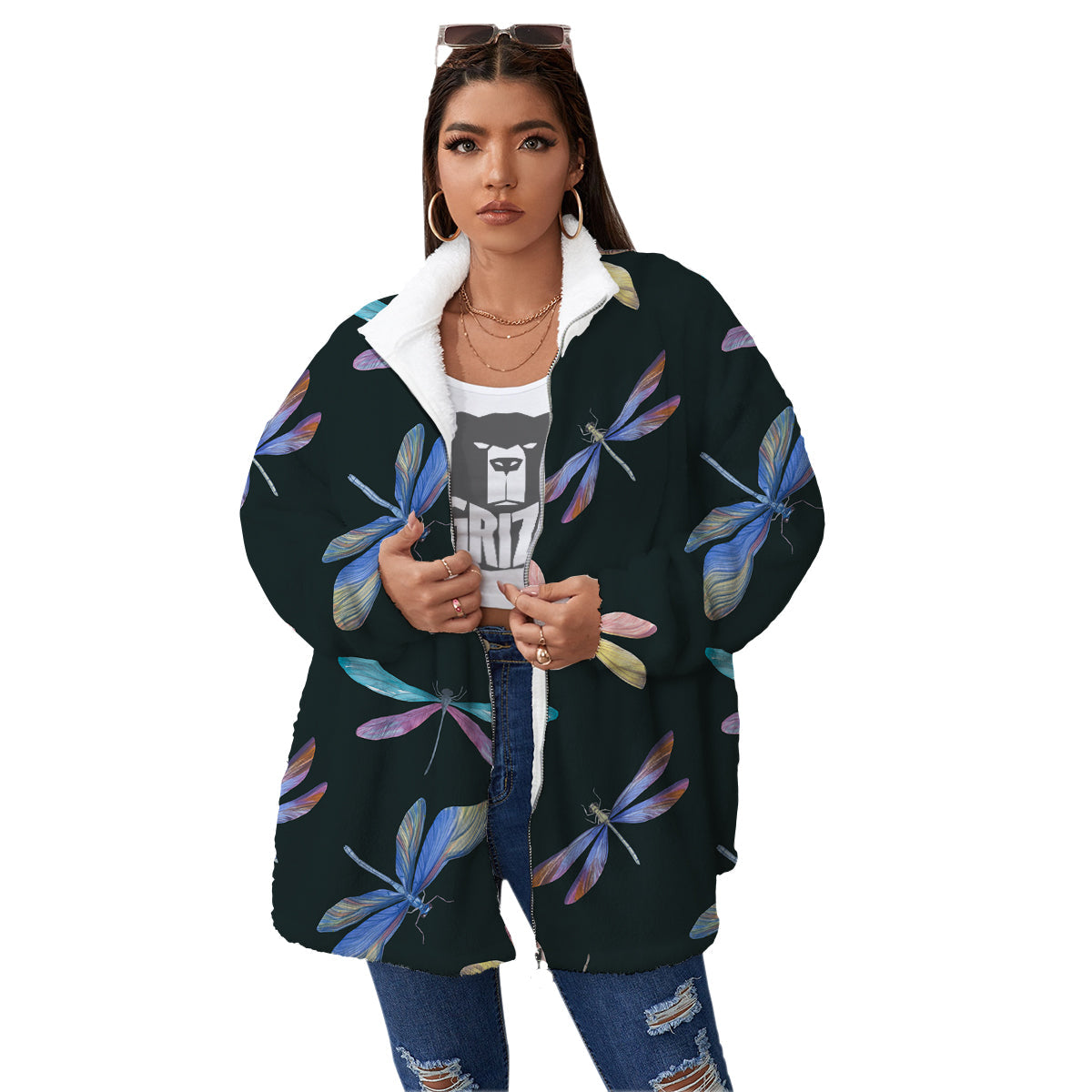 Dragonfly Vintage Print Pattern Women's Sherpa Jacket-grizzshop
