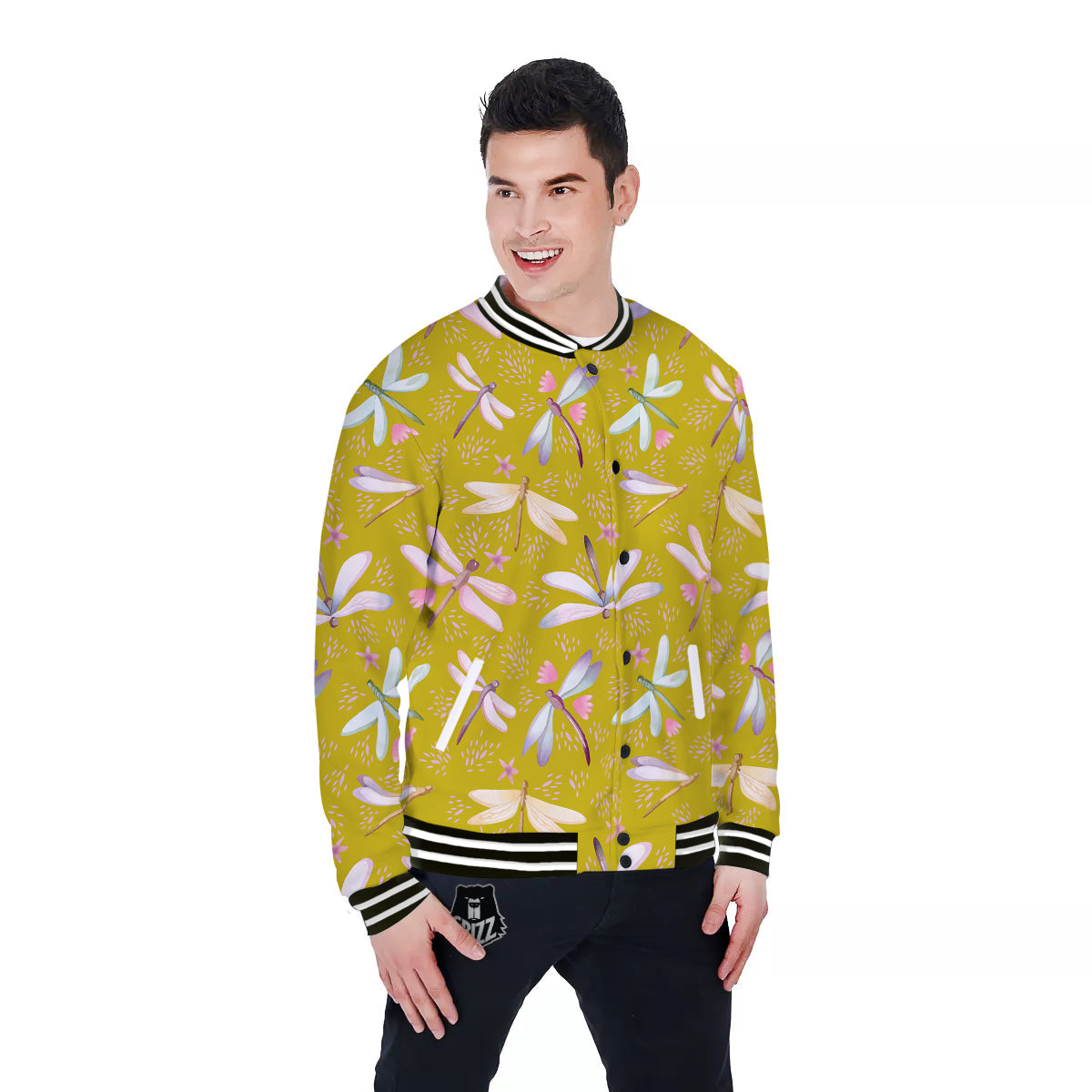 Dragonfly Yellow Watercolor Print Pattern Baseball Jacket-grizzshop