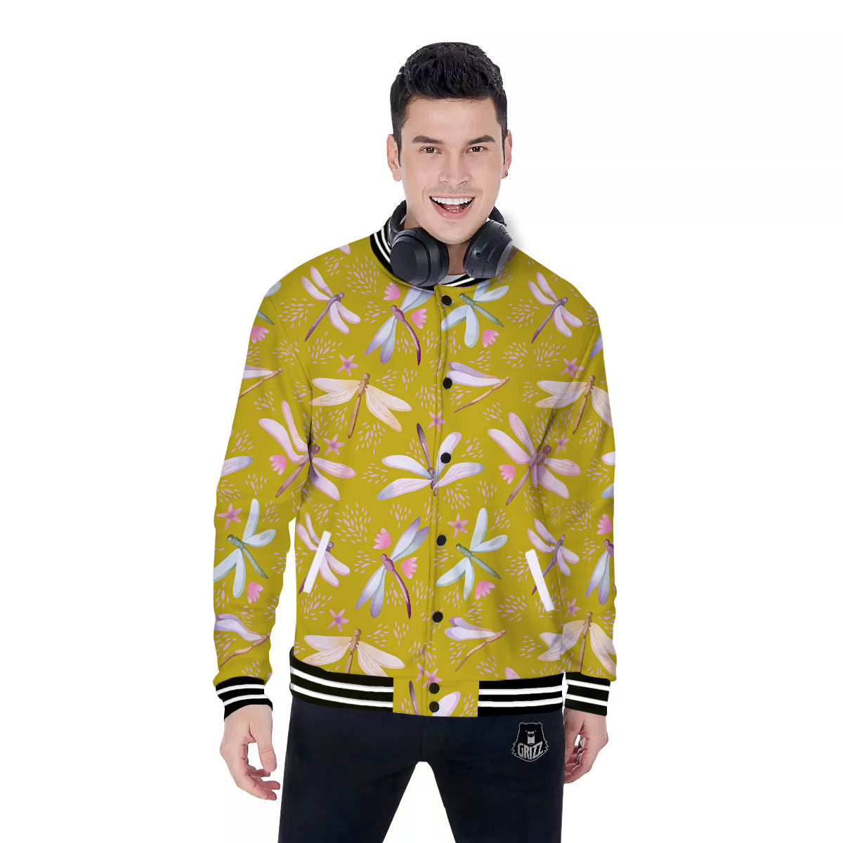 Dragonfly Yellow Watercolor Print Pattern Baseball Jacket-grizzshop