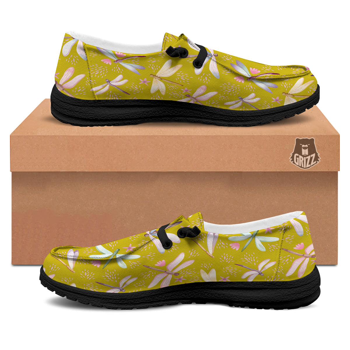 Dragonfly Yellow Watercolor Print Pattern Black Loafers-grizzshop