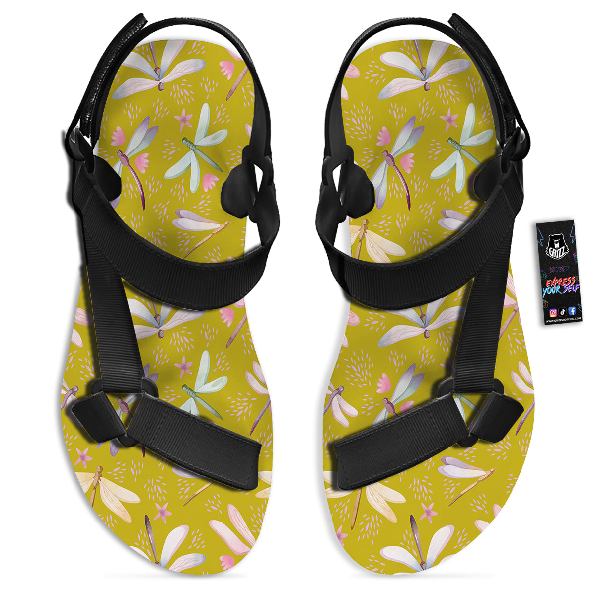 Dragonfly Yellow Watercolor Print Pattern Black Open Toe Sandals-grizzshop