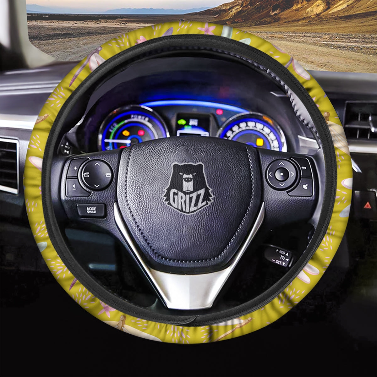 Dragonfly Yellow Watercolor Print Pattern Car Steering Wheel Cover-grizzshop