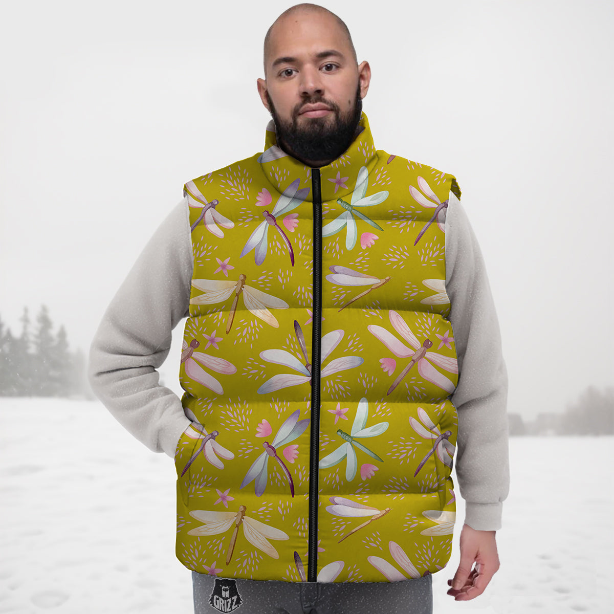 Dragonfly Yellow Watercolor Print Pattern Down Vest