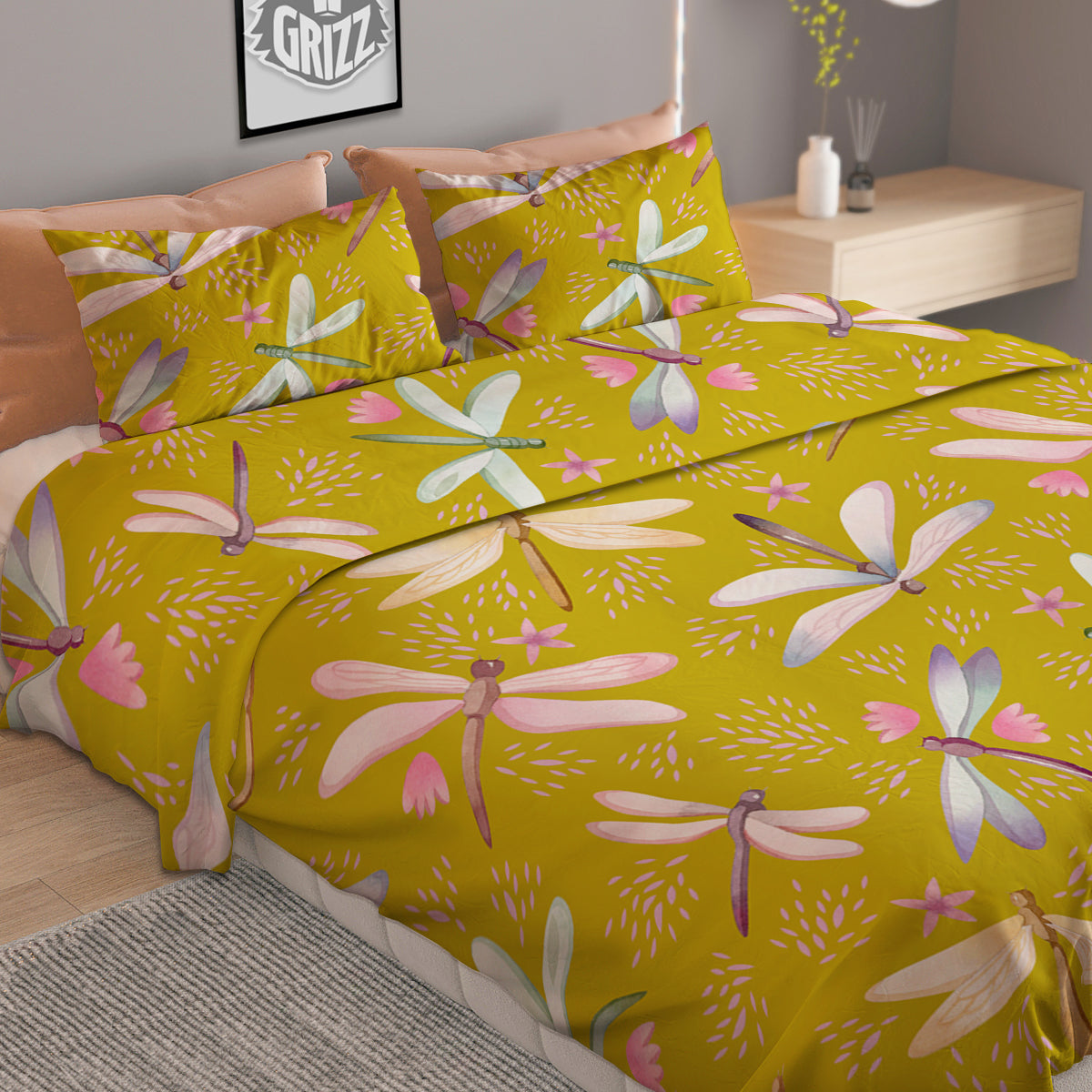 Dragonfly Yellow Watercolor Print Pattern Duvet Cover Bedding Set