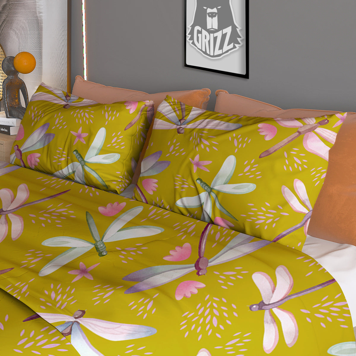 Dragonfly Yellow Watercolor Print Pattern Duvet Cover Bedding Set