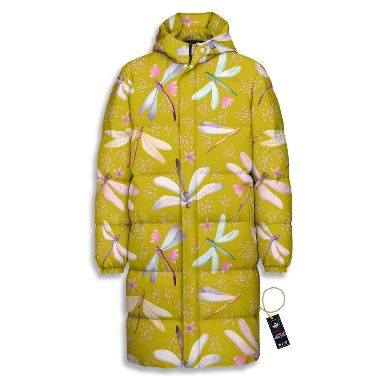 Dragonfly Yellow Watercolor Print Pattern Long Down Jacket-grizzshop