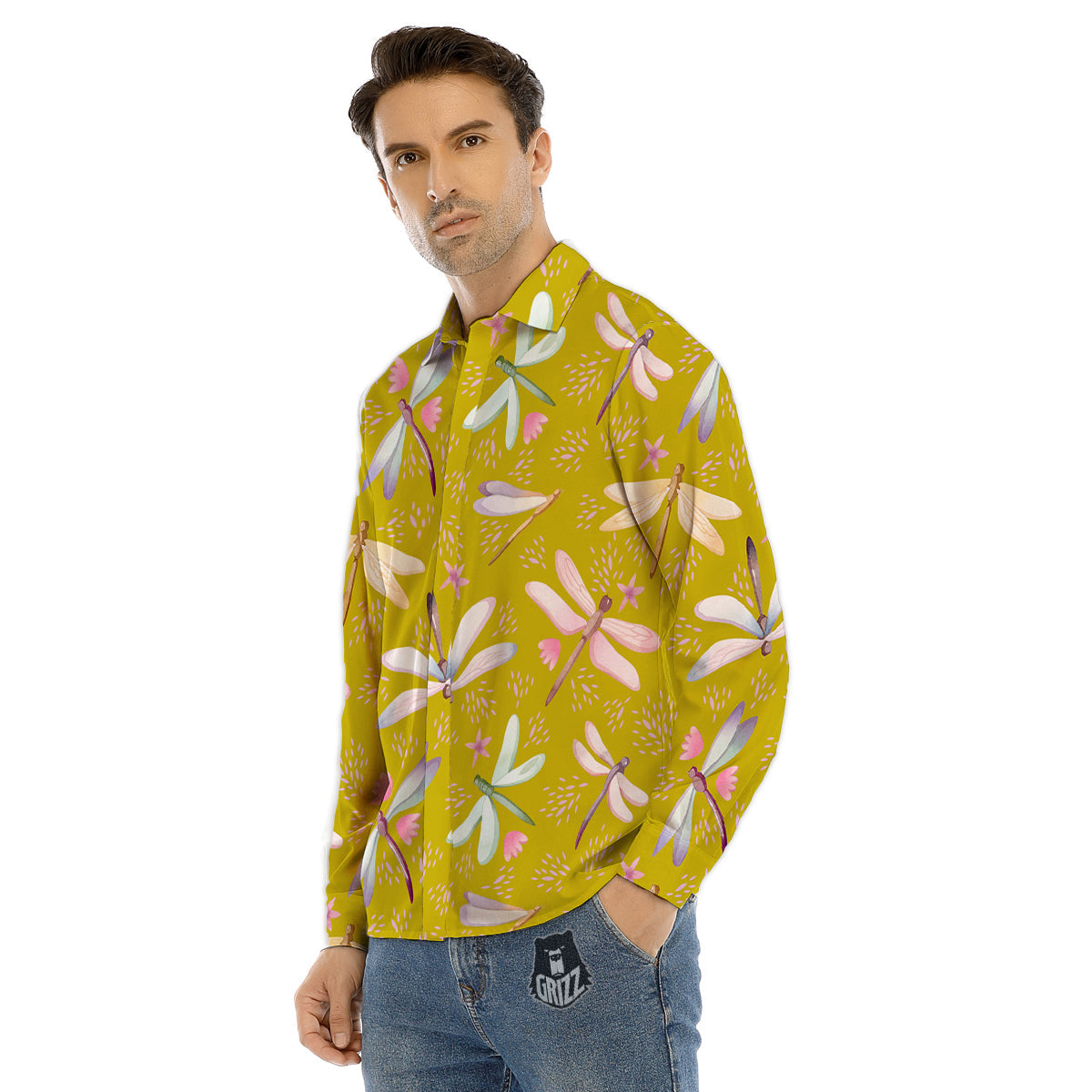 Dragonfly Yellow Watercolor Print Pattern Men's Dress Shirts-grizzshop