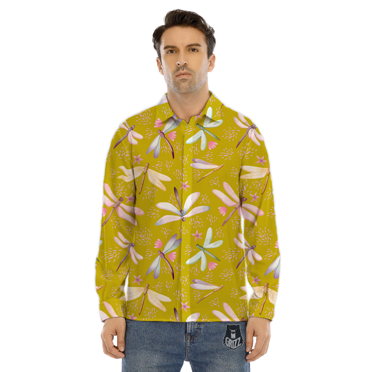 Dragonfly Yellow Watercolor Print Pattern Men's Dress Shirts-grizzshop