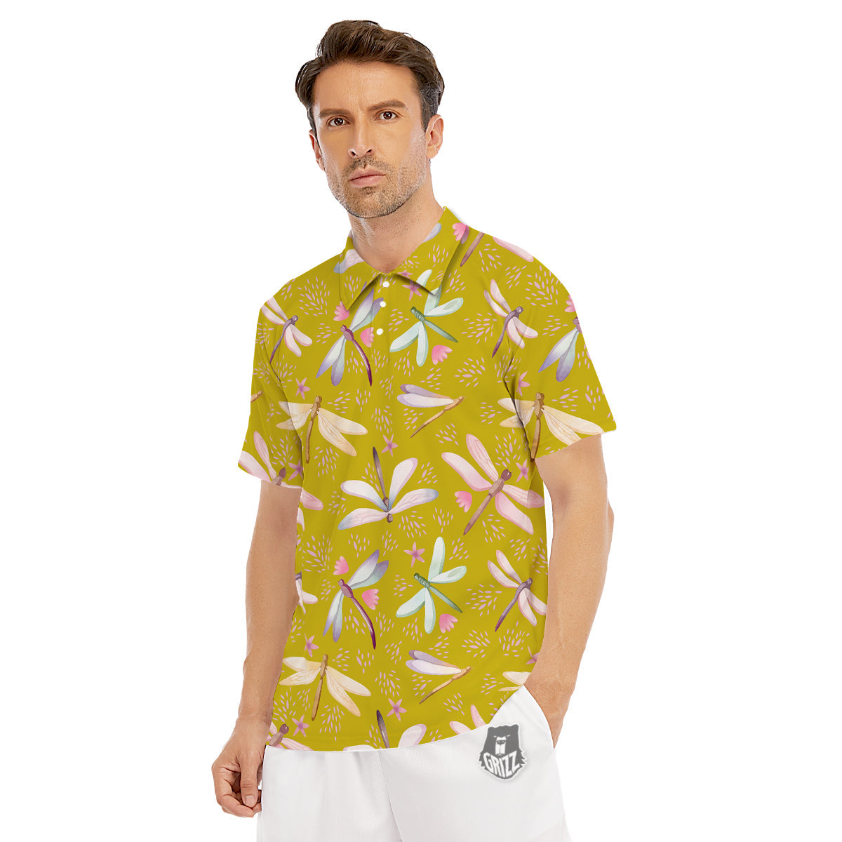 Dragonfly Yellow Watercolor Print Pattern Men's Golf Shirts-grizzshop