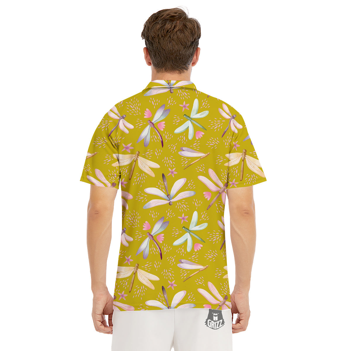 Dragonfly Yellow Watercolor Print Pattern Men's Golf Shirts-grizzshop
