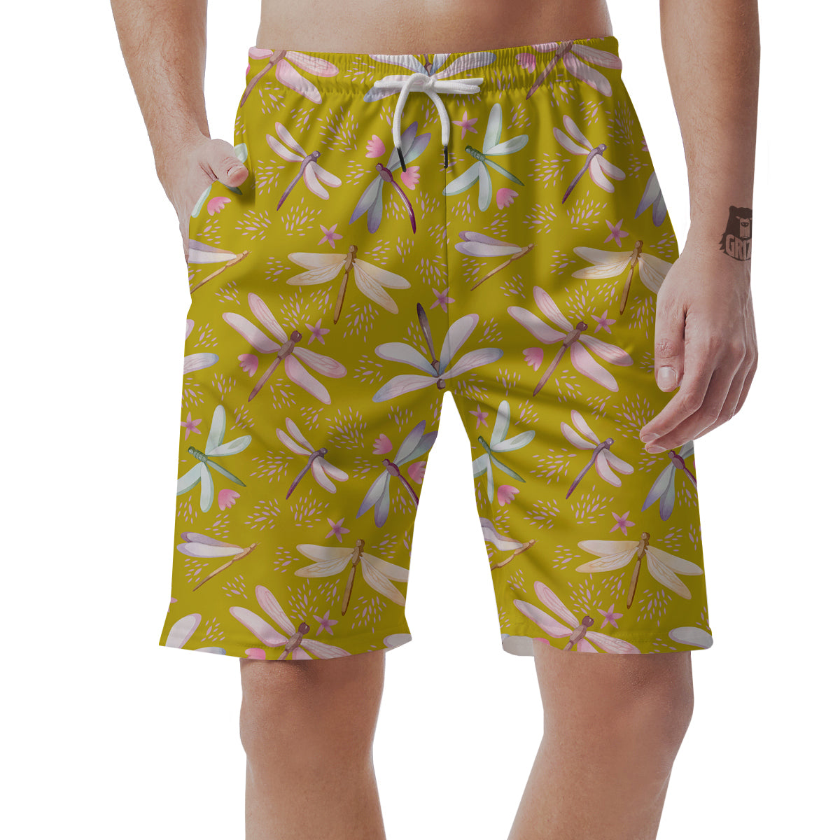Dragonfly Yellow Watercolor Print Pattern Men's Shorts-grizzshop