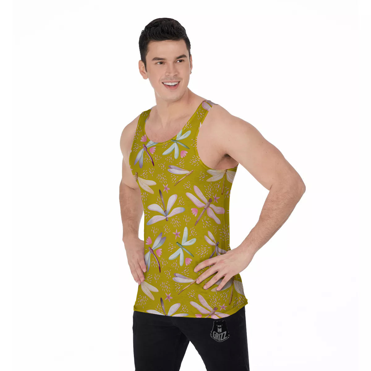 Dragonfly Yellow Watercolor Print Pattern Men's Tank Top-grizzshop