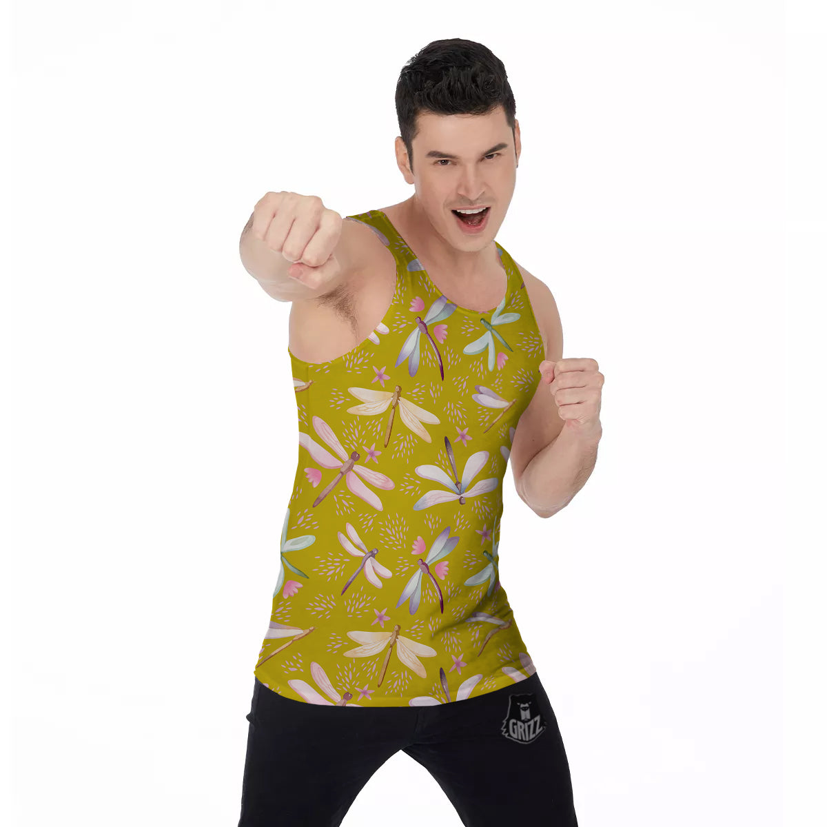 Dragonfly Yellow Watercolor Print Pattern Men's Tank Top-grizzshop