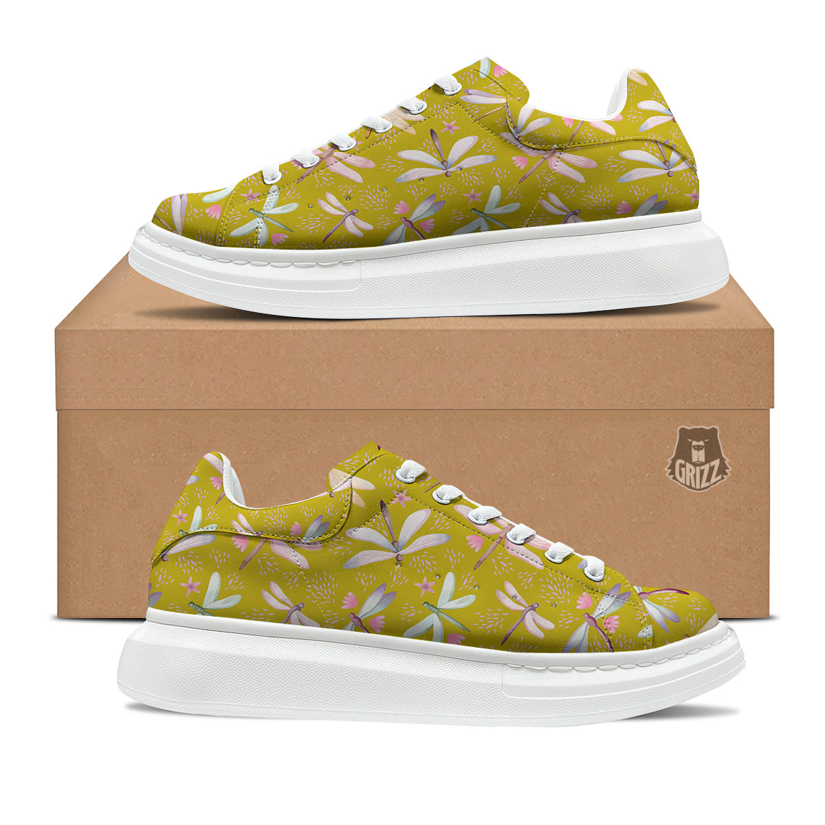 Dragonfly Yellow Watercolor Print Pattern Platform Shoes-grizzshop