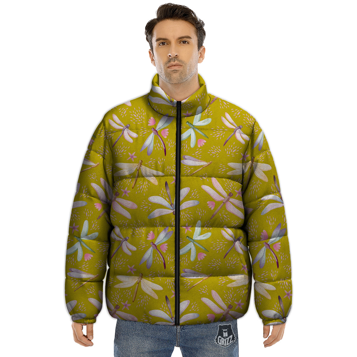 Dragonfly Yellow Watercolor Print Pattern Puffer Jacket-grizzshop