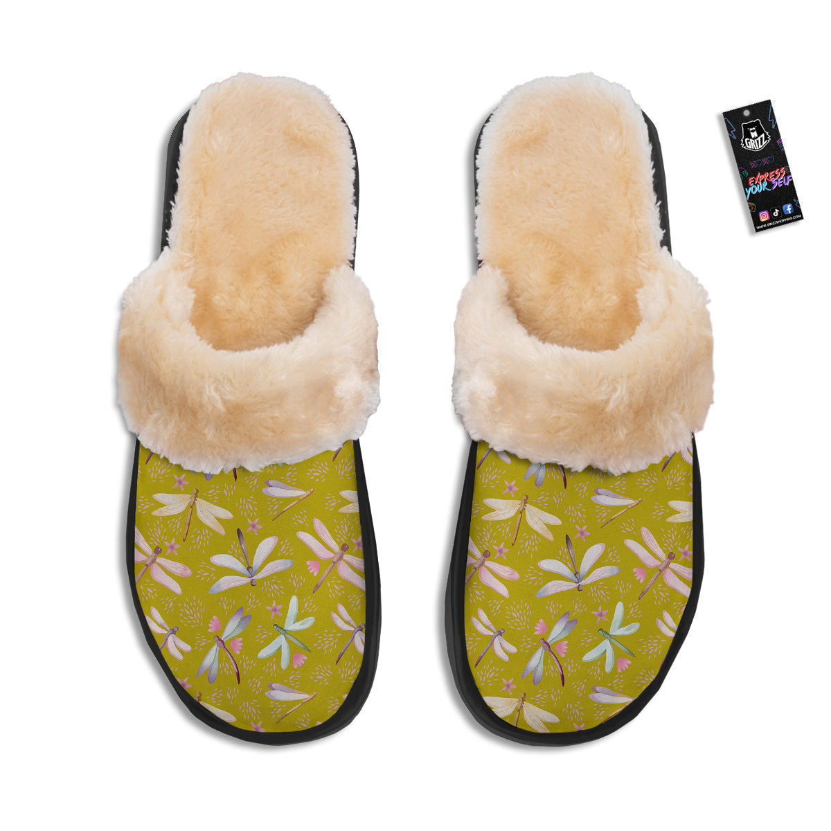 Dragonfly Yellow Watercolor Print Pattern Slippers-grizzshop