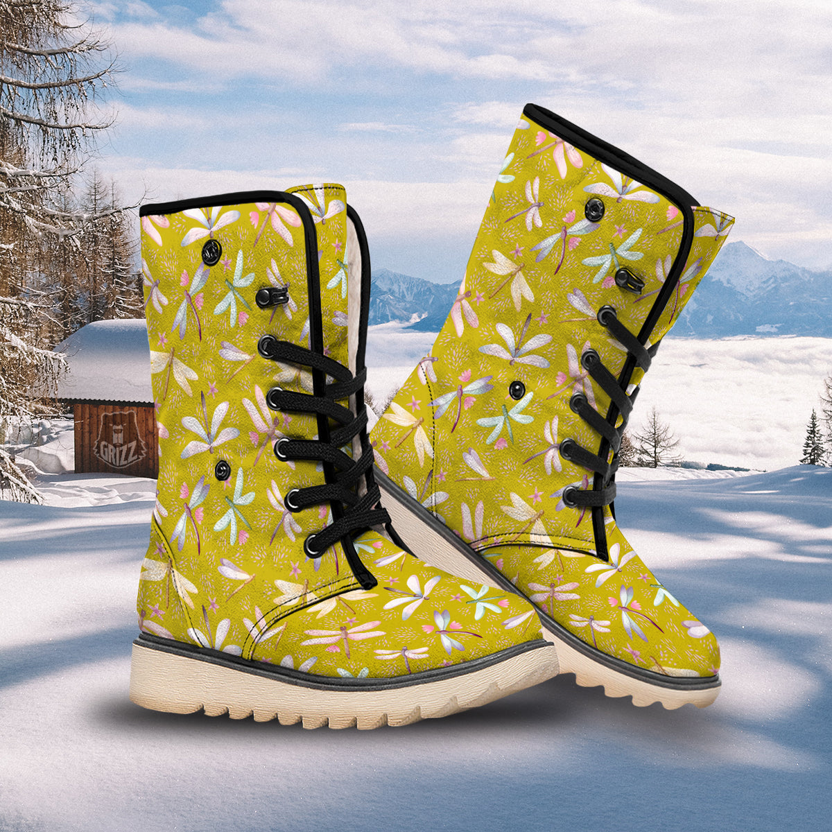Dragonfly Yellow Watercolor Print Pattern Snow Boots-grizzshop