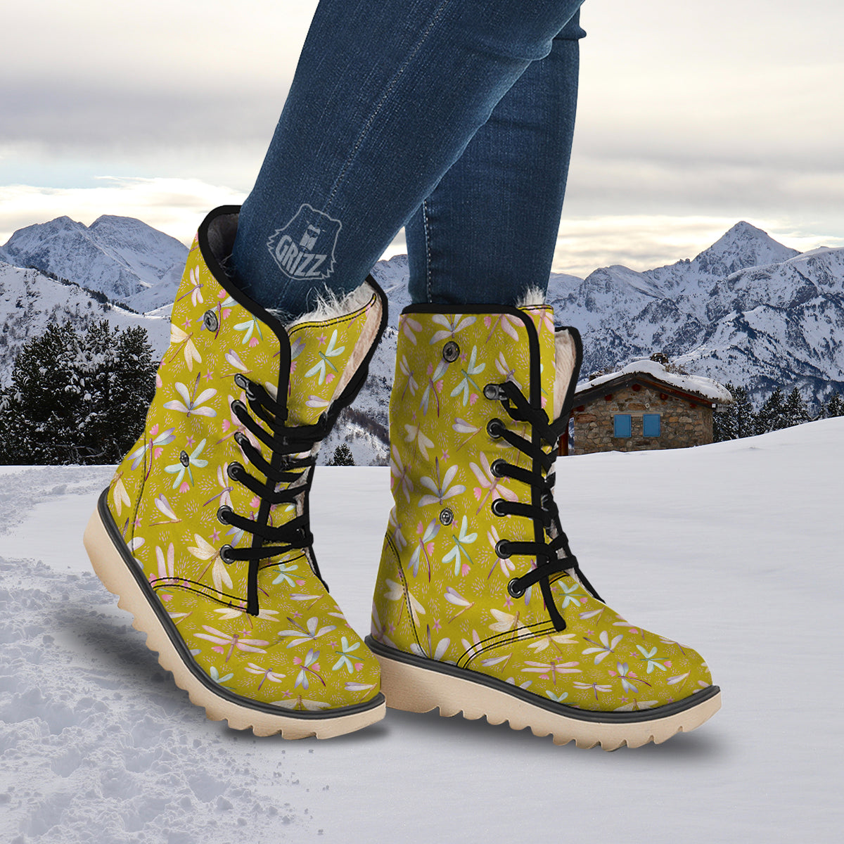 Dragonfly Yellow Watercolor Print Pattern Snow Boots-grizzshop