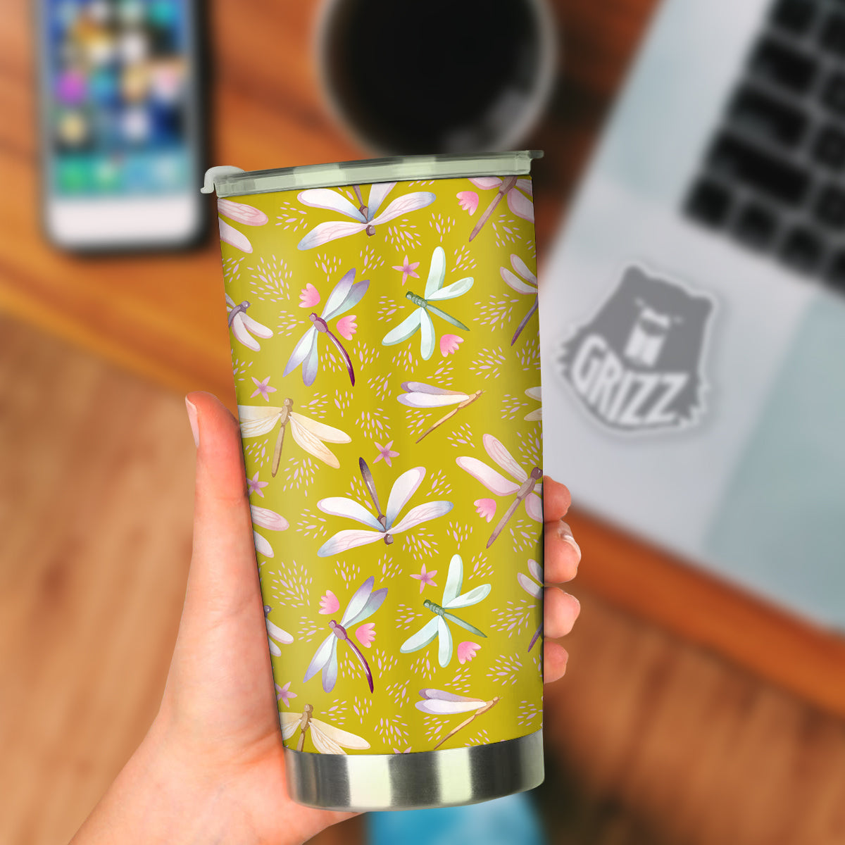 Dragonfly Yellow Watercolor Print Pattern Tumbler-grizzshop