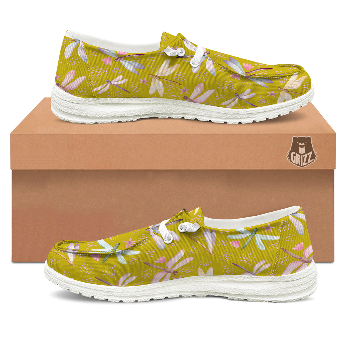 Dragonfly Yellow Watercolor Print Pattern White Loafers-grizzshop