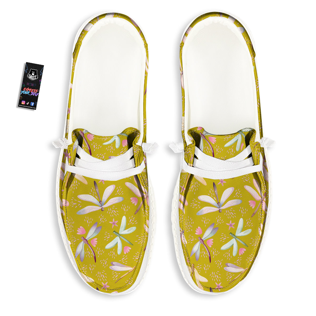 Dragonfly Yellow Watercolor Print Pattern White Loafers-grizzshop